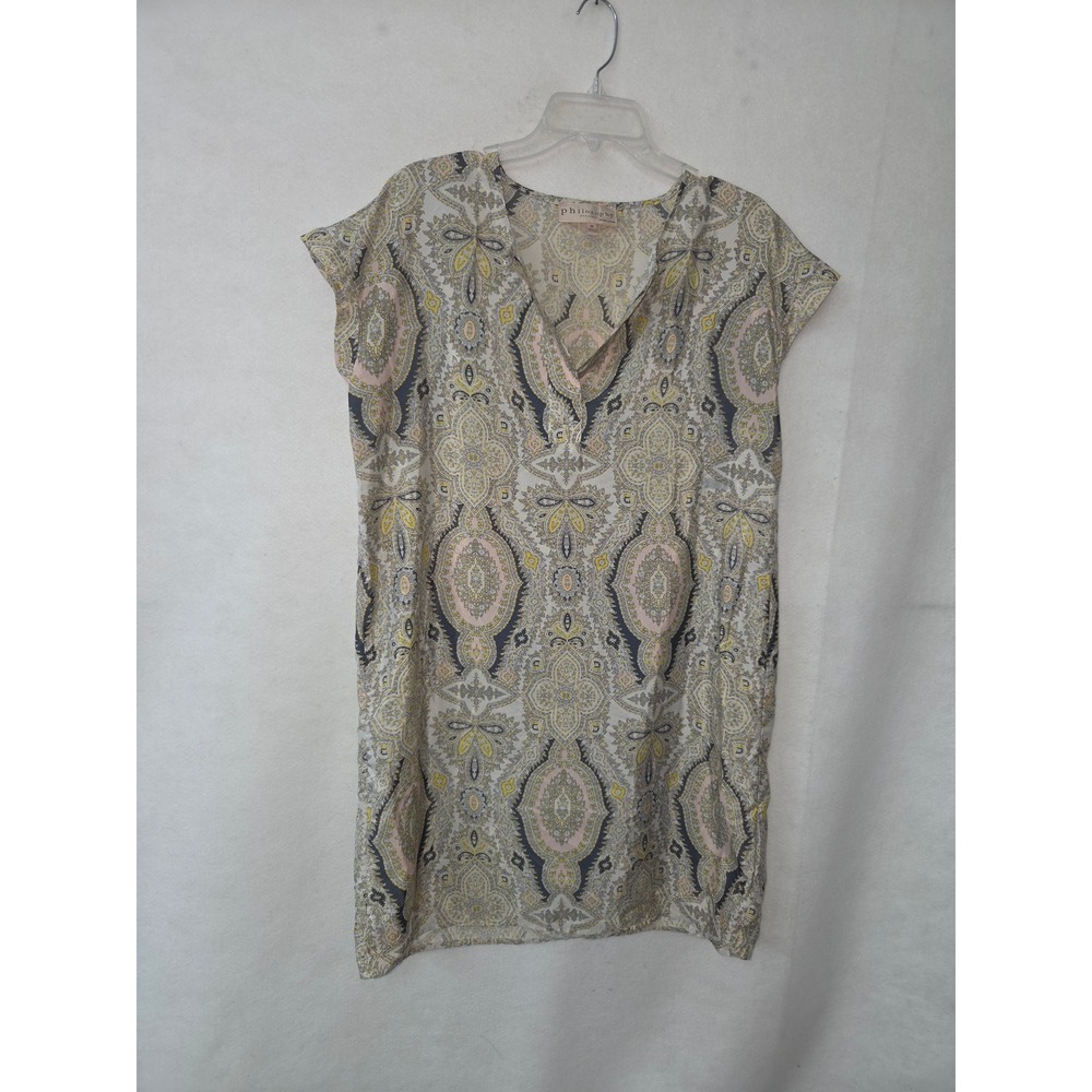 Philosophy Shift Dress Womens Medium Grey Yellow Paisley Split Neck Cap Sleeve